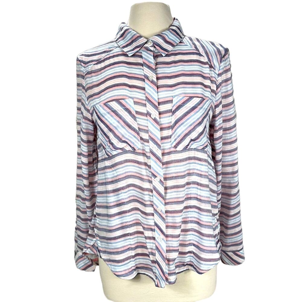 NWT TOMMY‎ HILFIGER Button Down Multi Color Striped Double Knit Top Sz Small